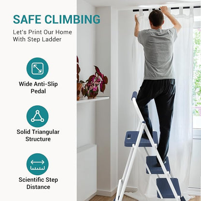 OLIXIS 3 Step Ladder, 880lbs Heavy Duty Step Stool with Anti-Slip Pedal | Portable Stepping Stool with Sturdy Ladder & Comfortable Handrail, for Kitchen, Garage & Outdoor Use, Blue