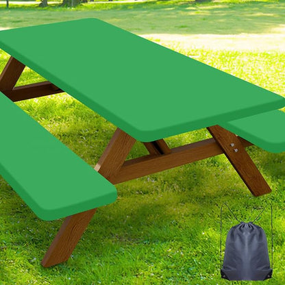 Smiry Picnic Table Cover with Bench Covers, Waterproof Elastic Fitted Polyester Tablecloths for 6 Ft Rectangle Tables, Washable Windproof Tablecloth for Camping, RV & Outdoor (Green, 30x72 Inches)