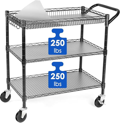Heavy Duty 3 Tier Utility Cart,Wire Rolling Cart with Wheels, Commercial Grade Service Cart with Shelving Liners and Handle Bar Metal Carts for Kitchen Office Hardware