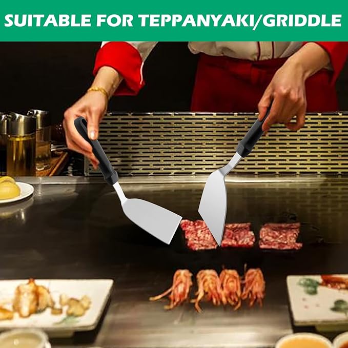 Metal Spatula Set of 2, HaSteeL 10 x 4.7In Stainless Steel Griddle Turner Flipper, Flat Top Griddle Teppanyaki Hibachi Tools for Barbecue Camping Cooking, Plastic Handle & Easy to Clean