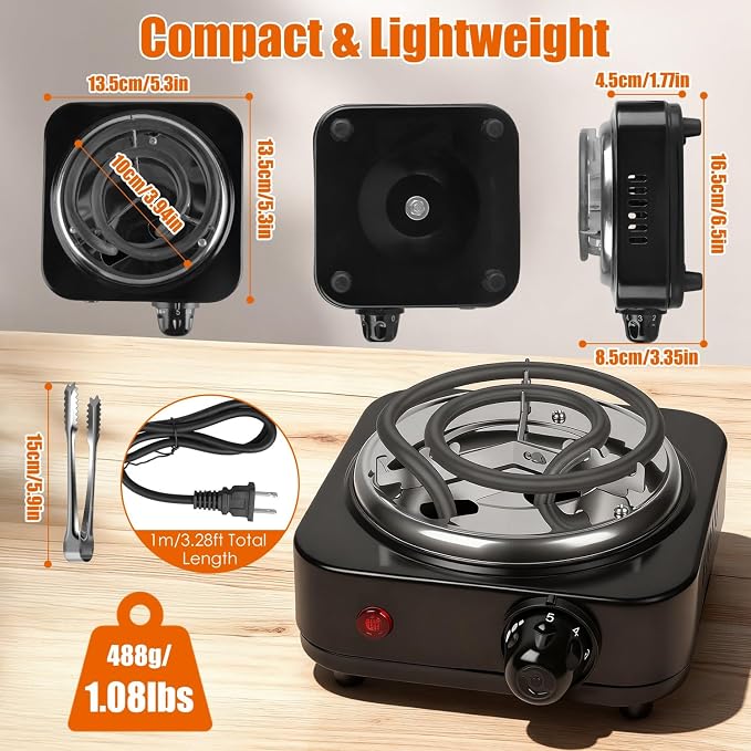 500W Electric Hookah Charcoal Burner - 5 Temperature Gears with Thermostat Safety, Stainless Steel Coil & Bonus Accessories for Indoor/Outdoor Use