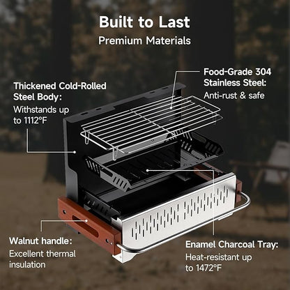 Portable Hibachi Charcoal Grill for Outdoor Camping, No Assembly BBQ Grill with Stainless Steel Grate, Height Adjustable Foldable Grill for Beach and Patio