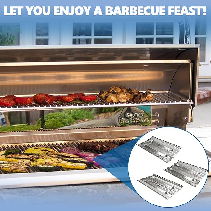 SafBbcue Heat Plates for Fire Magic Grill, Heat Plates Flame Tamer for Fire Magic 14-S1S1N-A, 24-S1S1N-62, 34-S1S1N-A, 34-S2S1N-A, Regal I, 3 Pack Stainless Steel Replacement Part