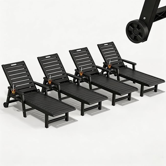 HDPE Outdoor Chaise Lounge Set of 4 with Wheels & Cup Holder, Black | cup holder, 5-adjustable position, HDPE all-weather resin, lightweight, pool lounge chairs for pool, patio, beach, outside
