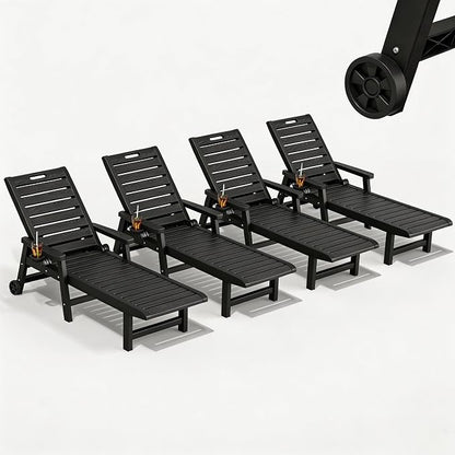 HDPE Outdoor Chaise Lounge Set of 4 with Wheels & Cup Holder, Black | cup holder, 5-adjustable position, HDPE all-weather resin, lightweight, pool lounge chairs for pool, patio, beach, outside
