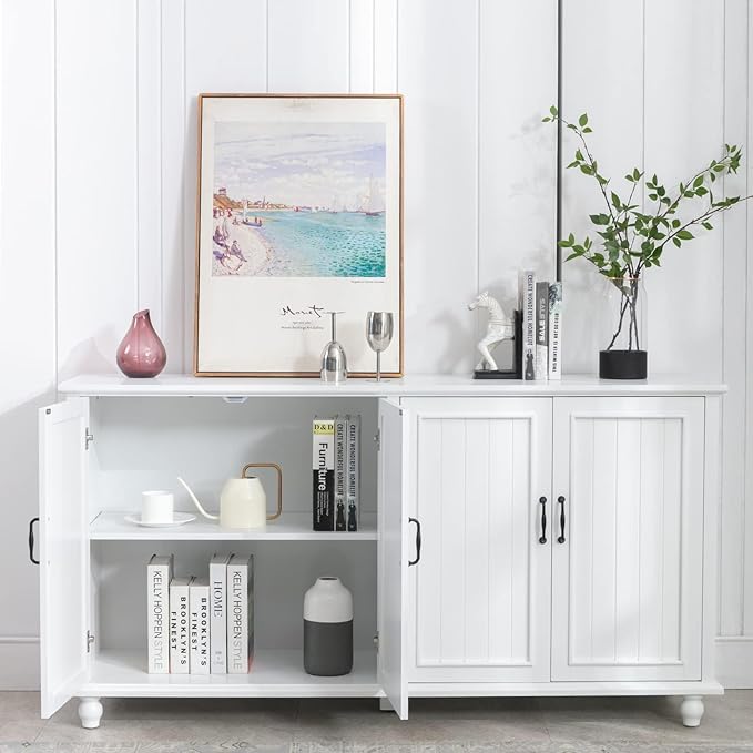 Scurrty 62'' Coffee Bar Cabinet Kitchen with Storage, Buffet Cabinet with Storage, Sideboard Buffet for Dinning Room, Kitchen & Living Room (4 Doors, White)