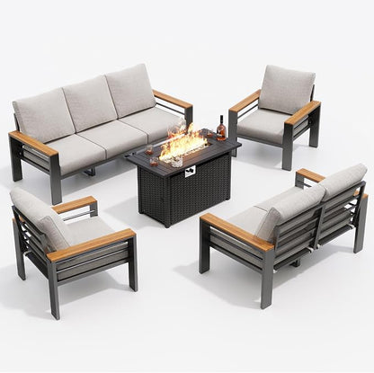 Aoxun Patio Furniture Set, Aluminum Patio Set with Fire Pit Table and 5" Thicken & Washable Cushion, Waterproof Outdoor Furniture, Outdoor Couch Sectional for Backyard (7 Seats/F, Grey)