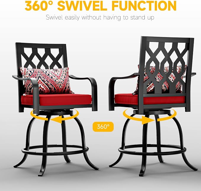 DWVO Metal Outdoor Bar Stools Set of 6, Heavy-Duty Bar Height Outdoor Chairs 352 Lbs Capacity, All-Weather E-Coated Swivel Barstools with Red Cushion & Paisley Pattern Pillow for Patio Deck Balcony