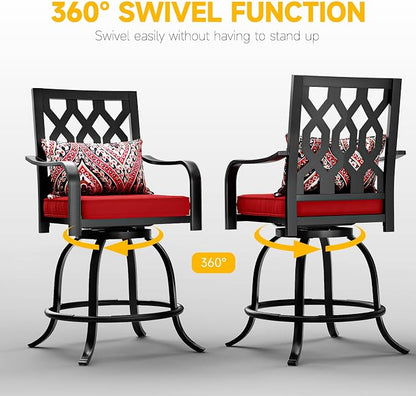 DWVO Metal Outdoor Bar Stools Set of 4, Heavy-Duty Bar Height Outdoor Chairs 352 Lbs Capacity, All-Weather E-Coated Swivel Barstools with Red Cushion & Paisley Pattern Pillow for Patio Deck Balcony