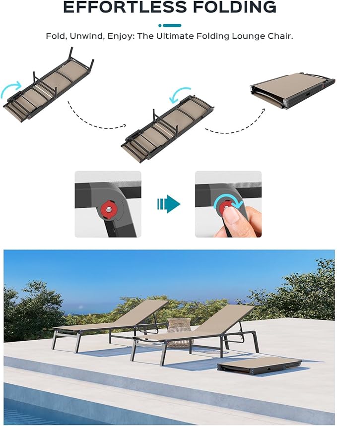 Ciokea Aluminum Foldable Lounge Chairs Set of 2 with 1 Outdoor Aluminum Side Table ，Perfect Match ，Suitable for Courtyard, Balcony, Lawn and Other Scenes，Khaki