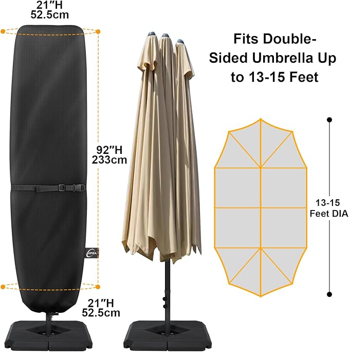 Patio Umbrella Cover for 13'-15' Double-Sided Umbrella, Upgraded 600D Heavy Duty Outdoor Umbrella Covers with Support Pole and Zipper