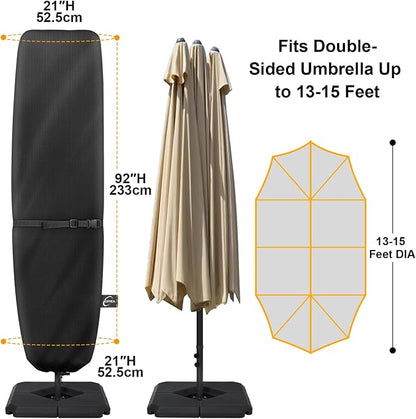 Patio Umbrella Cover for 13'-15' Double-Sided Umbrella, Upgraded 600D Heavy Duty Outdoor Umbrella Covers with Support Pole and Zipper