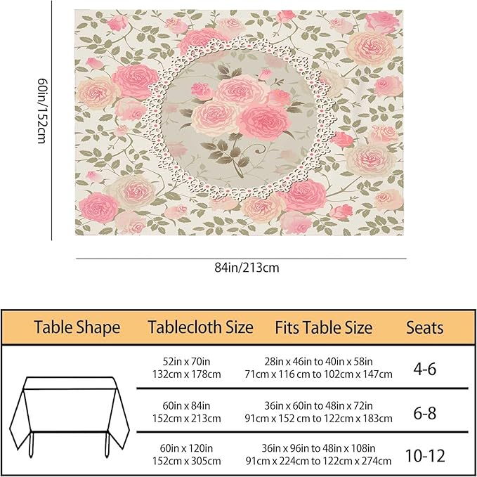 TKS MITLAN Shabby Chic Rose Pattern Tablecloth Decor Lace Frame with A Bouquet of Roses Table Cloth Dining Room Kitchen Table Cover 60" X 84" Oblong/Rectangle
