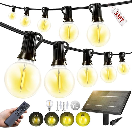 33FT Solar Lights Outdoor Waterproof: G40 10M Shatterproof Bulbs Patio Lights - Solar Powered Remote Control 3 Light Modes Dimmable Solar Light - Camping Backyard Garden Deck Outside Yard