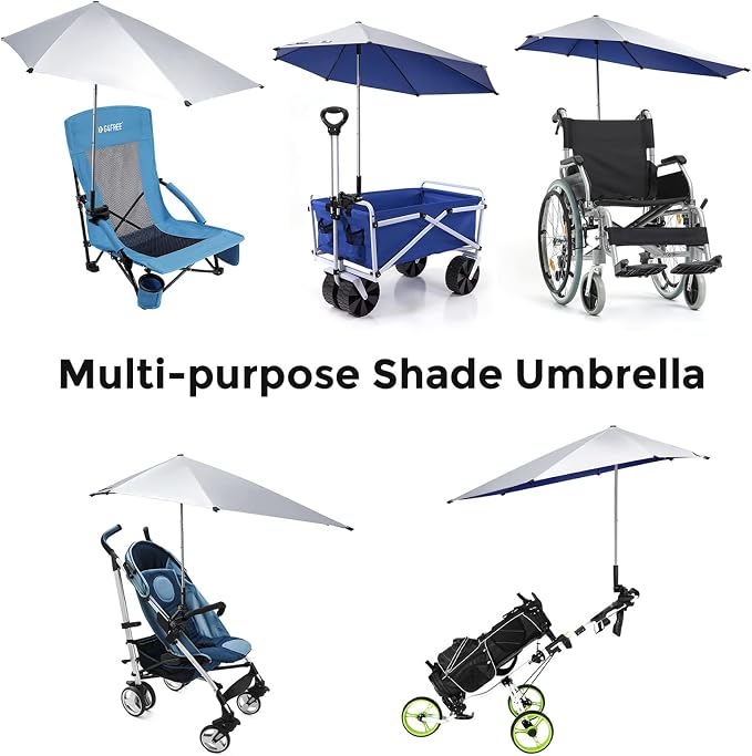 G4Free UPF 50+ Height Adjustable Beach Chair Umbrella with Universal Clamp | UV protection Chair Umbrella for Beach Chair, Golf Cart, Wheelchair, Stroller, Bleacher, Outdoor Patio, silver coating fabric