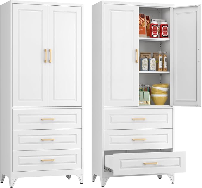 Polup Kitchen Pantry Cabinet, 75" Tall Pantry Cabinet with Three Drawers, Metal Storage Cabinets with Doors and Shelves, Freestanding Food Cupboard for Dining, Living Room, White, Assembly Required