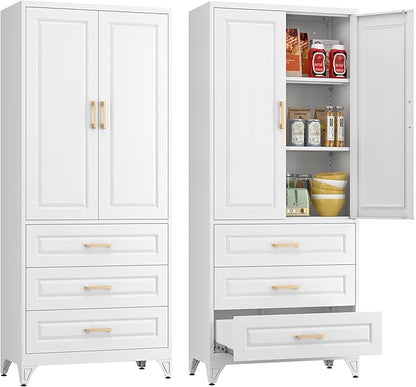 Polup Kitchen Pantry Cabinet, 75" Tall Pantry Cabinet with Three Drawers, Metal Storage Cabinets with Doors and Shelves, Freestanding Food Cupboard for Dining, Living Room, White, Assembly Required
