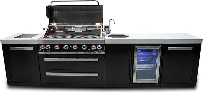 Mont Alpi Premium 132"W x 23"D Black Stainless Steel Modular Outdoor Kitchen Island with Refrigerator + 44"W 6-Burner BBQ Gas Grill + Faucet & Sink + Granite Countertops + Storage Cabinets + Cover
