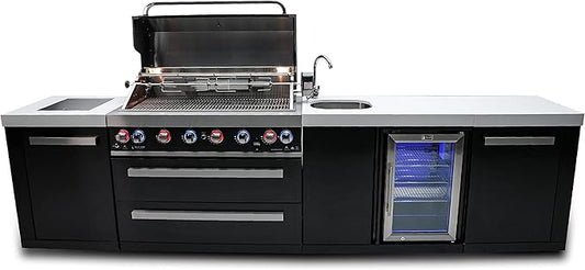 Mont Alpi Premium 132"W x 23"D Black Stainless Steel Modular Outdoor Kitchen Island with Refrigerator + 44"W 6-Burner BBQ Gas Grill + Faucet & Sink + Granite Countertops + Storage Cabinets + Cover