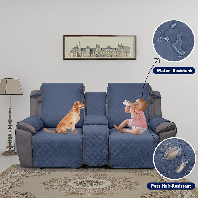PureFit Water Resistant Reversible Loveseat Recliner Cover for Double | Double with Console, Non Slip Split Sofa Cover, Washable Reclining Cover, Dark Blue/Light Blue