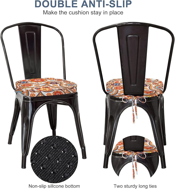 GUEGLSA Outdoor Waterproof Seat Cushions 14x14 inch, Non Slip Metal Chair Pad with Ties, U Shaped Metal Chair Cushion for Kitchen Dining Patio Chair, Set of 2, Orange Paisley