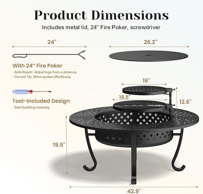 Outdoor Fire Pit, 43" Fire Pit for Outside Wood Burning with Adjustable 2 Grills, Firepit with Lid and Fire Poker, BBQ, Bonfire, Round Outdoor Fireplace 3 in 1 for Patio, Backyard, Garden, Camping