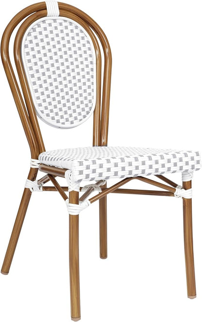 Flash Furniture Lourdes Indoor/Outdoor Commercial Thonet Bistro Stack Chair - White/Gray PE Rattan Back and Seat - Natural Bamboo Print Metal Frame