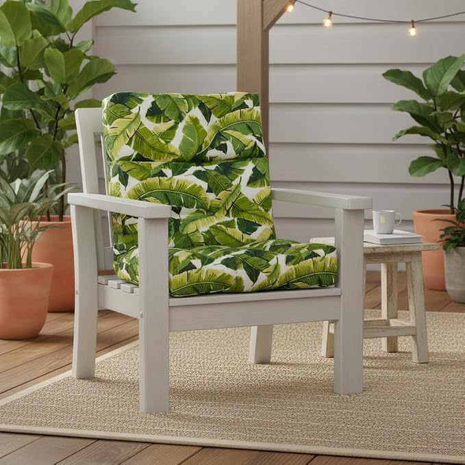 Outdoor Tufted High-Back Chair Cushions, One-Piece Hinged Seat and Back Design, Reversible with 4 Ties, Durable Polyester Fabric, Recycled Fiber Fill - Single, Palm Leaves White