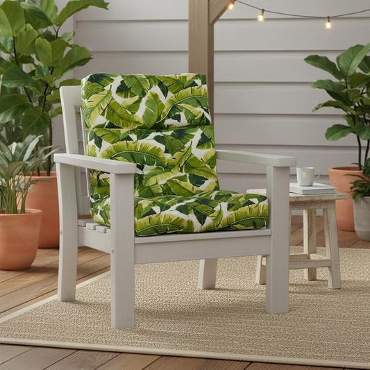 Outdoor Tufted High-Back Chair Cushions, One-Piece Hinged Seat and Back Design, Reversible with 4 Ties, Durable Polyester Fabric, Recycled Fiber Fill - Single, Palm Leaves White