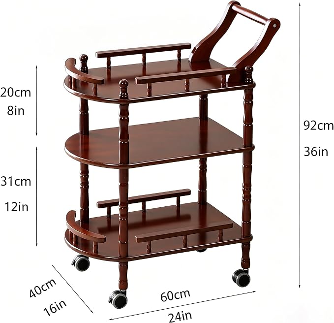Entertainment Kitchen Cart, Midcentury Modern Imported rubberwood Brown Finished Wood 3-Tier Mobile Bar Cart Serving Cart
