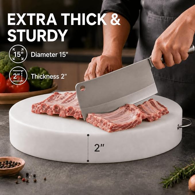 Large Round Cutting Board 15"x15" Extra Thick Plastic Cutting Board for Meat Raw & Raw Meat Board, HDPE Double-Sided Butcher Block Cutting Board, 304 Stainless Steel Handle, Easy Clean