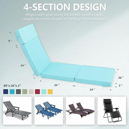 80 x 26 Inch Outdoor Chaise Lounge Cushion - Removable Cover, 4-Section Design, Water-Repellent & Fade-Resistant, 6 Tie Straps, Replacement for Patio & Pool Chairs - Light Blue