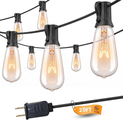 SUNSGNE 20FT Edison String Lights with 22 7W Clear Edison Bulbs, ST40 Patio Outdoor String Lights for Christmas Hanging Backyard Porch Balcony Party Decoration Lights, E17/C9 Socket Base, Black Wire