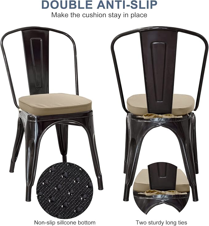 GUEGLSA Outdoor Waterproof Seat Cushions 14x14 inch, Non Slip Metal Chair Pad with Ties, U Shaped Chair Cushion for Kitchen Dining Patio Chair, Set of 2, Khaki