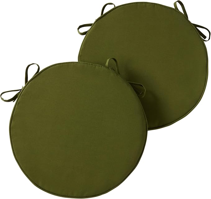 Set of 2 Outdoor 18 inch Round Patio Dining Chair Pads – Comfortable Fiber-Filled Seat Cushions with Ties, Reversible Polyester Fabric - Hunter Green