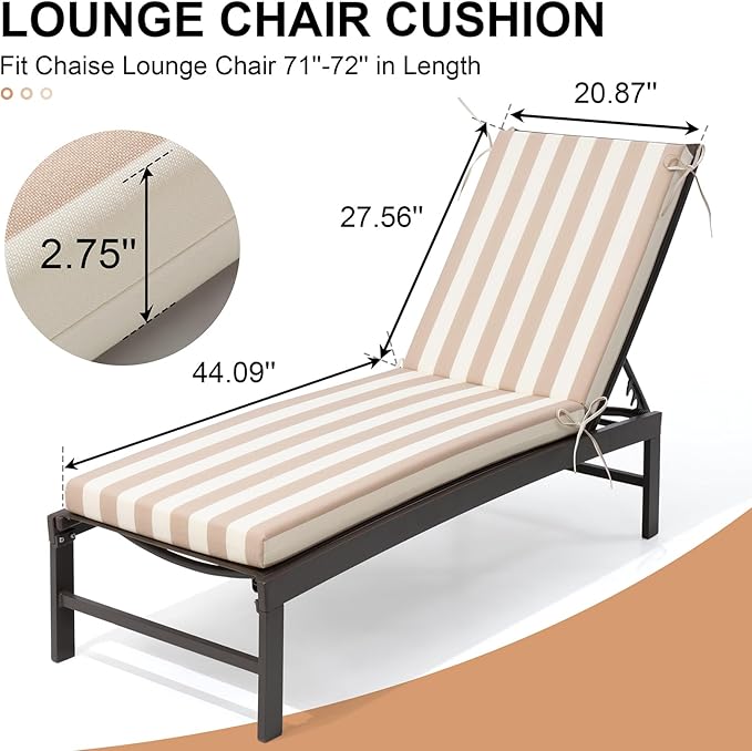 Crestlive Products Waterproof Outdoor Chaise Lounge Cushions Set of 2, Fade Resistant Patio Furniture Lounge Chair Cushion, 72" L x 21" W