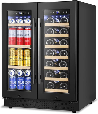 FoMup Wine and Beverage Refrigerator, 24 Inch Beverage Cooler Dual Zone with Glass Door, Under Counter Beverage Fridge with Upgraded 60 Cans 20 Bottles Large Capacity, Black