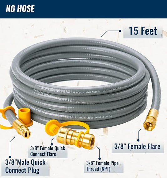 CALPOSE 15 Feet 3/8 inch ID Natural Gas Grill Hose with Quick Connect Fittings, Natural Gas Line for Grill, Pizza Oven, Heater and More Low Pressure Appliance