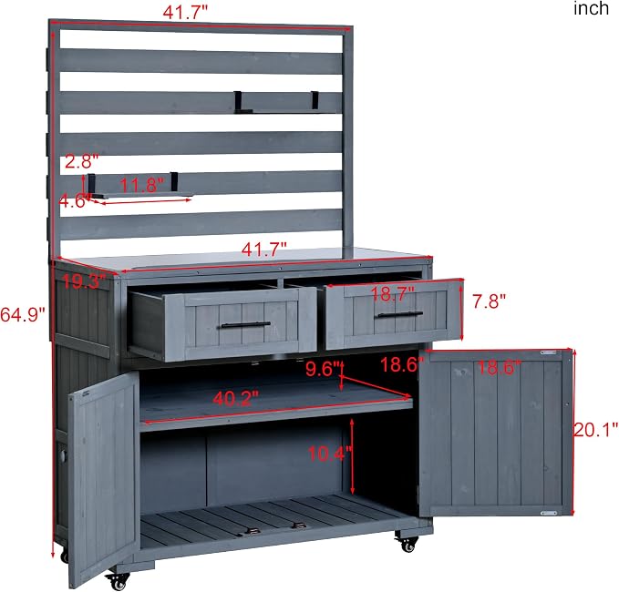 65 Inch Patio Kitchen Island with Stainless Steel Top, Gray | Gray fir wood, stainless steel top, garden or patio, 2 drawers, 3 movable shelves, cabinet, lockable wheels, 41.7 in L