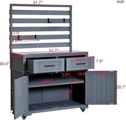 65 Inch Patio Kitchen Island with Stainless Steel Top, Gray | Gray fir wood, stainless steel top, garden or patio, 2 drawers, 3 movable shelves, cabinet, lockable wheels, 41.7 in L