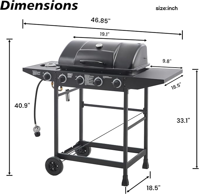 47" Stainless Steel Outdoor Kitchen BBQ Island Grill with LPG Black | 4 Burner 42000 BTU Enamel-Coated Grates and Side Tables for Outdoor Cooking Kitchen and Patio Backyard