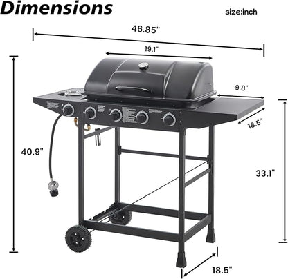 47" Stainless Steel Outdoor Kitchen BBQ Island Grill with LPG Black | 4 Burner 42000 BTU Enamel-Coated Grates and Side Tables for Outdoor Cooking Kitchen and Patio Backyard