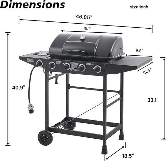 47" Stainless Steel Outdoor Kitchen BBQ Island Grill with LPG Black | 4 Burner 42000 BTU Enamel-Coated Grates and Side Tables for Outdoor Cooking Kitchen and Patio Backyard