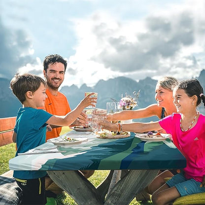 Picnic Table Cover with Bench Covers, Mountain, 3PCS, 72 Inch | 3 Piece full elastic edge camping tablecloth waterproof wipeable RV outdoor patio park essentials with drawstring bag