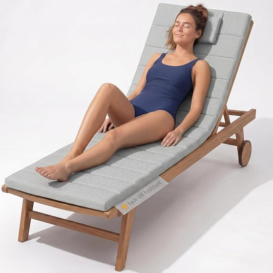 Quilted Chaise Lounge Outdoor Patio Furniture Cushions | Water-Resistant Patio Chair Cushions | Durable, High-Density Foam Outdoor Chair Cushions - Heather Grey, 72"x21" (Chair Not Included)