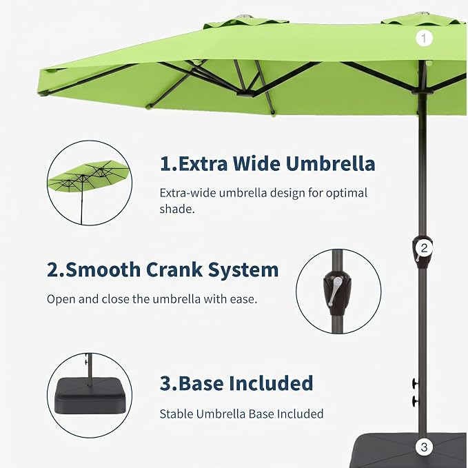 15FT Double Sided Patio Umbrella with Base Included Large Outdoor Market Umbrella with Crank Handle, UV Resistant Canopy, Sturdy Frame for Garden, Poolside, Deck, Apple Green