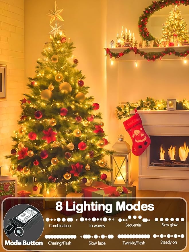 330FT 1000 LED Super Long Christmas Lights String Indoor Outdoor Warm White | Timer and Memory Function, 8 Modes Green Wire Twinkle Lights for Xmas Tree Fence Pillar Bedroom Garden Holiday Party Decor