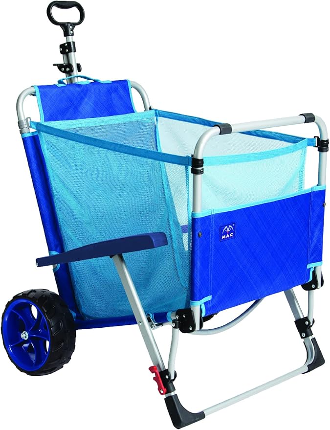 Mac Sports Beach Day Foldable Chaise Lounge Chair with Integrated Wagon Pull Cart Combination and Heavy Wheels - Perfect for Beach, Backyard, Pool or Picnic