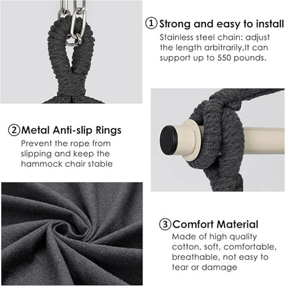 Y- STOP Hammock Chair Hanging Rope Swing Chair, Max 500 Lbs, 2 Seat Cushions Included, Removable Steel Spreader Bar with Anti-Slip Rings, Hardware kit-for Indoor Outdoor(Dark Grey) pcs