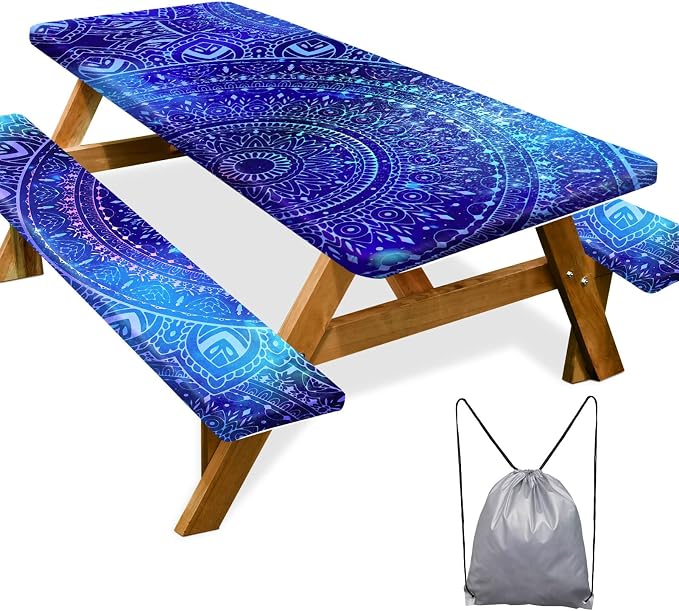 Picnic Table Cover Bench Covers Camping Essentials Tablecloth | Waterproof Vinyl for Outdoor, Windproof Elastic Fitted Edges, RV BBQ Accessories Must Haves, Storage Bag Included